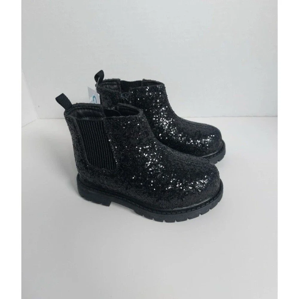 Carter's Bessie Toddler Girls Black Glitter Chelsea Boots Size 4T Sparkle Zip